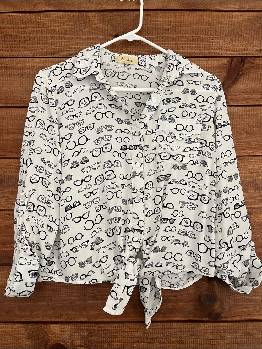 Love Notes White Button-Front Waist-Tie Shirt with Black Sunglasses Print